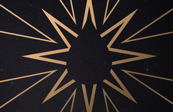 Une vue du ciel nocturne avec des étoiles au loin. Un graphique apparaît devant la toile de fond, montrant une étoile dorée avec la silhouette d'une goutte de sang au milieu.